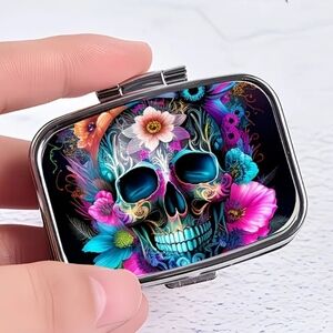 🆕️💊☠️SUGAR SKULL PORTABLE METAL PILL BOX ORGANIZER WITH MIRROR☠️💊